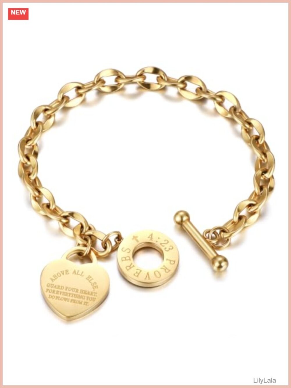 Stainless Steel Heart Charm Link Bracelet with Bible Verse Engraving